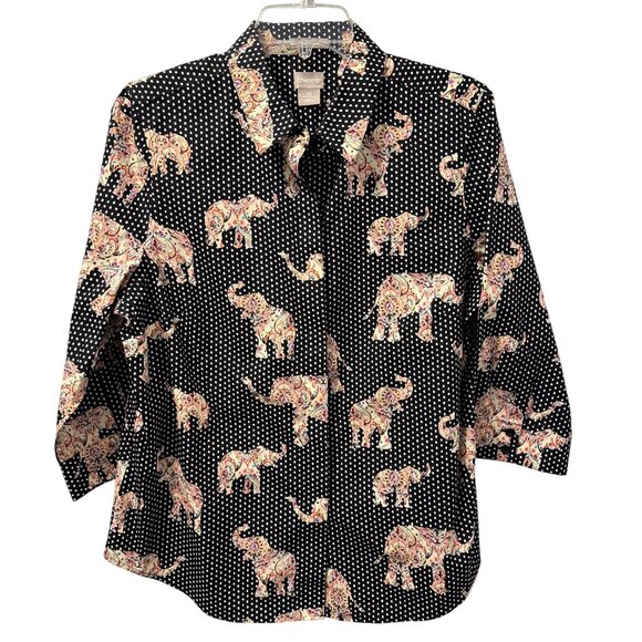 Chicos Black & White Paisley Elephant Print Button-Up Shirt Size 10 blouse - Picture 2 of 12